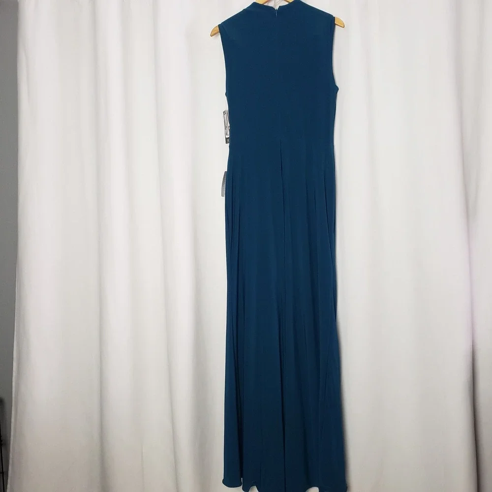 Betsy & Adam Dress Size 12 Mallard Teal Ruched Mock Neck Draped Maxi Gown - Picture 7 of 11